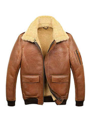 Men?s Aviator Camel Brown A2 Fur Shearling Leather Bomber Jacket