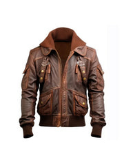 Men’s Flight Lapel Hooded Brown Leather Jacket