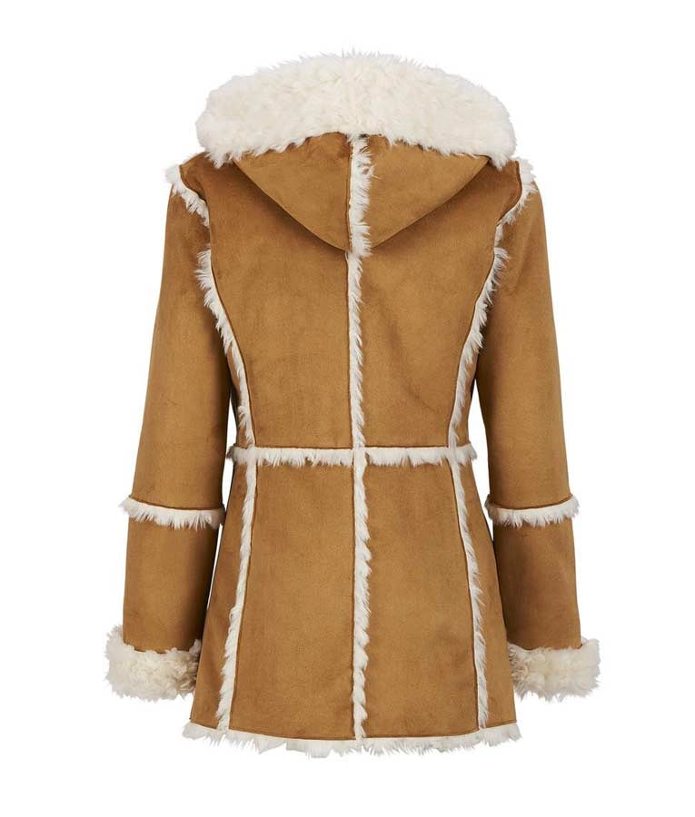 Womens Brown Suede Faux Fur Overcoat With Hood