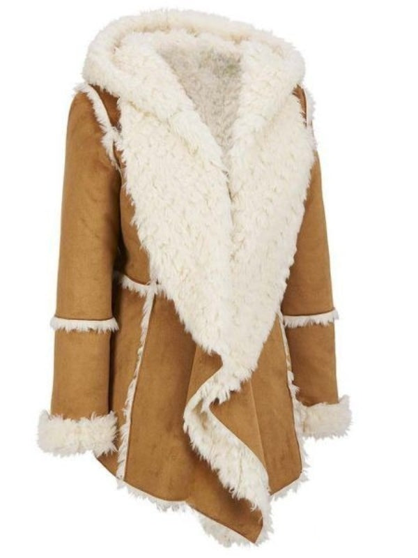 Womens Brown Suede Faux Fur Overcoat With Hood