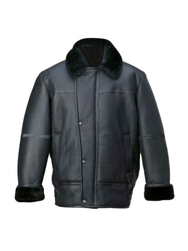 Men Black Aircraft Shearling Bomber Leather Jacket