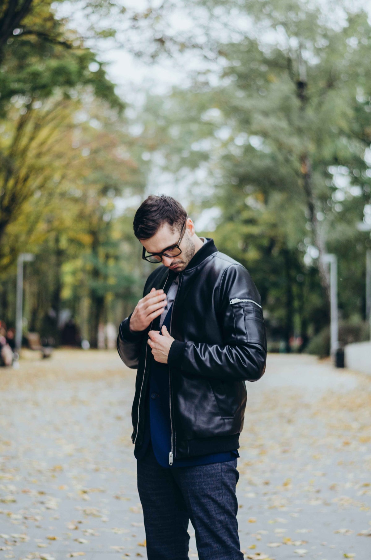 varsity style leather bomber jacket for man