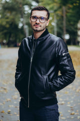 varsity style leather bomber jacket for man