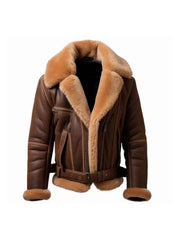 Men’s Brown Lapel Shearling Leather Jacket – Front View
