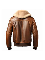 Back view of a men’s brown shearling fur leather jacket